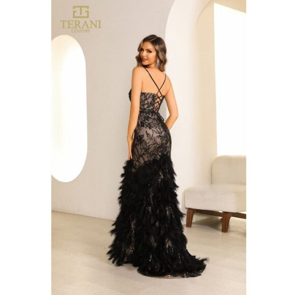 Spaghetti Strap Fitted Long Evening Dress with Feathers Style 251P4321 - Picture 2 of 2